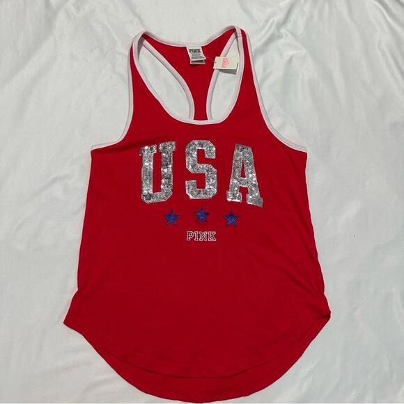 VICTORIAS SECRET PINK USA BLING RACERBACK TANK TOP T SHIRT SEQUINS - Picture 1 of 7